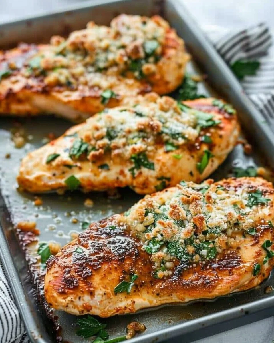 Oven-baked chicken breasts served on a plate with vegetables.