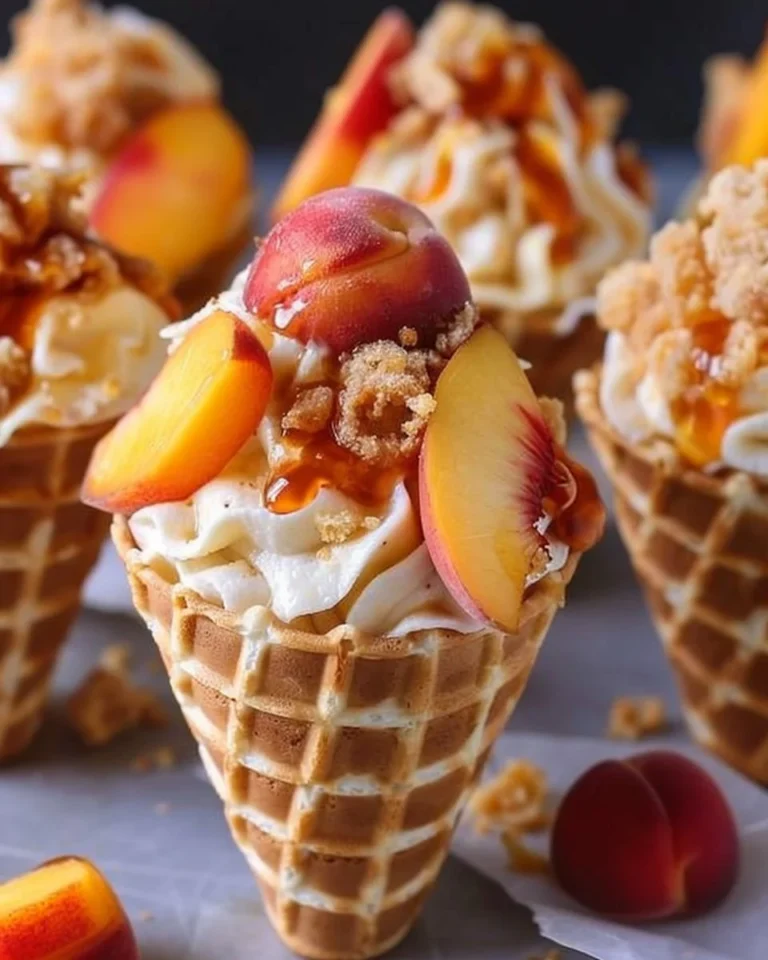 Peach cobbler cheesecake cones topped with fresh peaches and drizzle