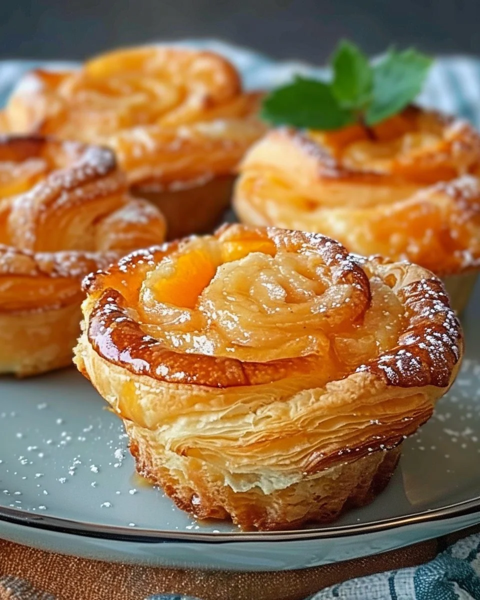 Peach Pie Croissant Muffins topped with peach slices and a golden crumb topping