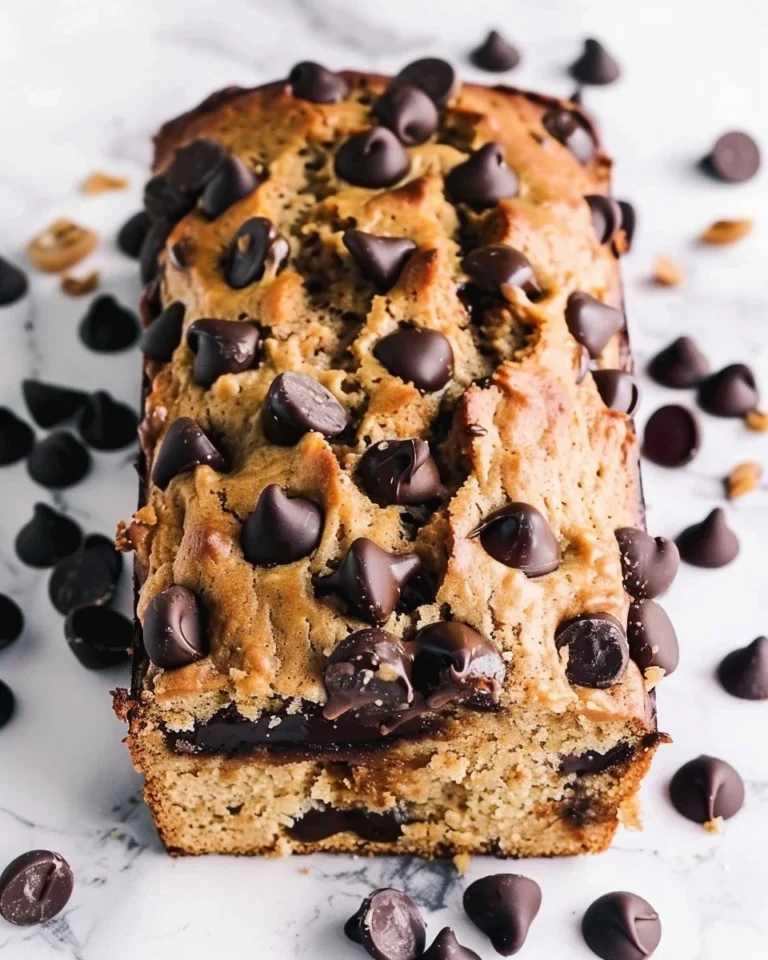 Slice of delicious Peanut Butter Chocolate Chip Bread with chocolate chips on top