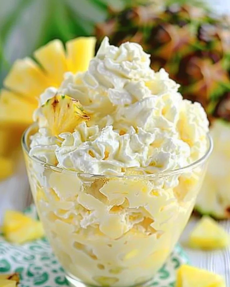 Delicious Pineapple Fluff dessert topped with whipped cream and pineapple chunks