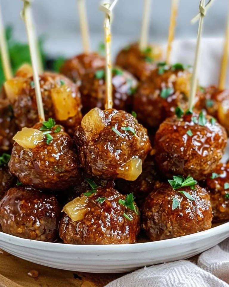 Pineapple-glazed brown sugar meatball bites served on a platter