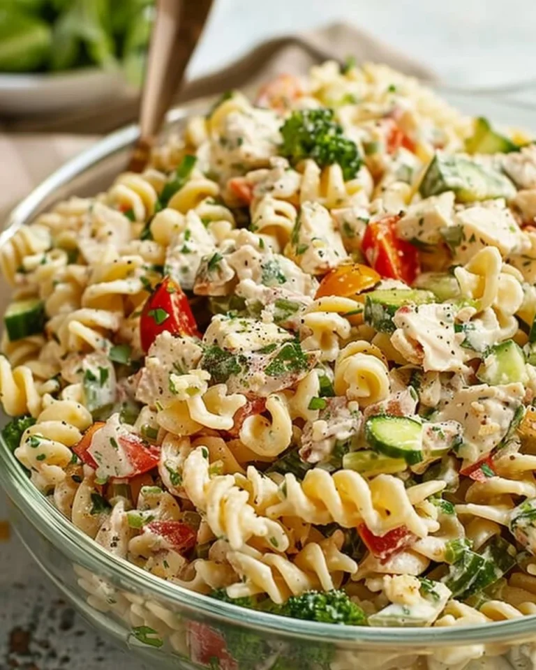 A colorful bowl of protein-packed pasta salad with vegetables and dressing.