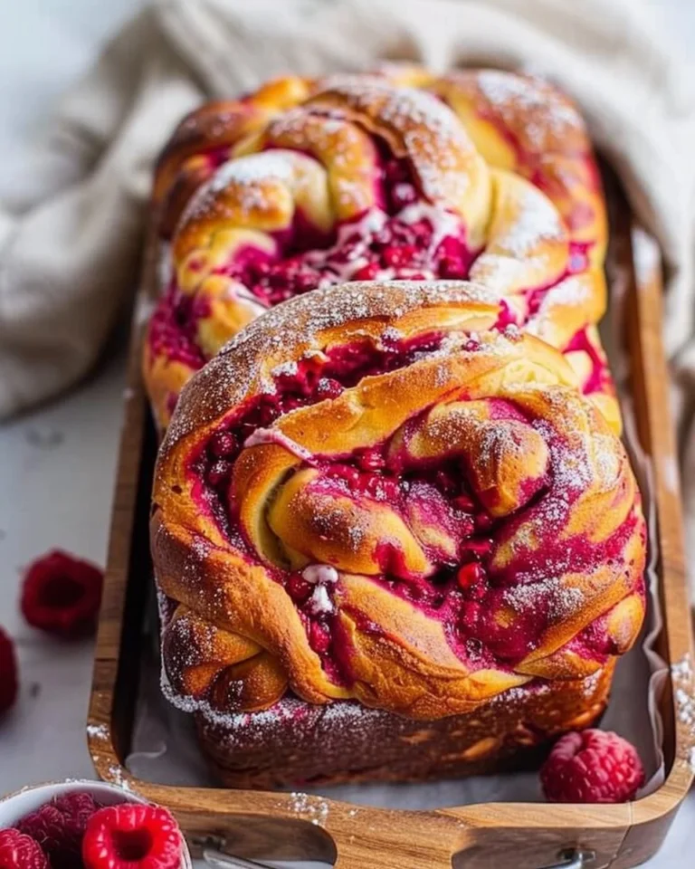 Freshly baked Raspberry Swirl Brioche with vibrant raspberry filling