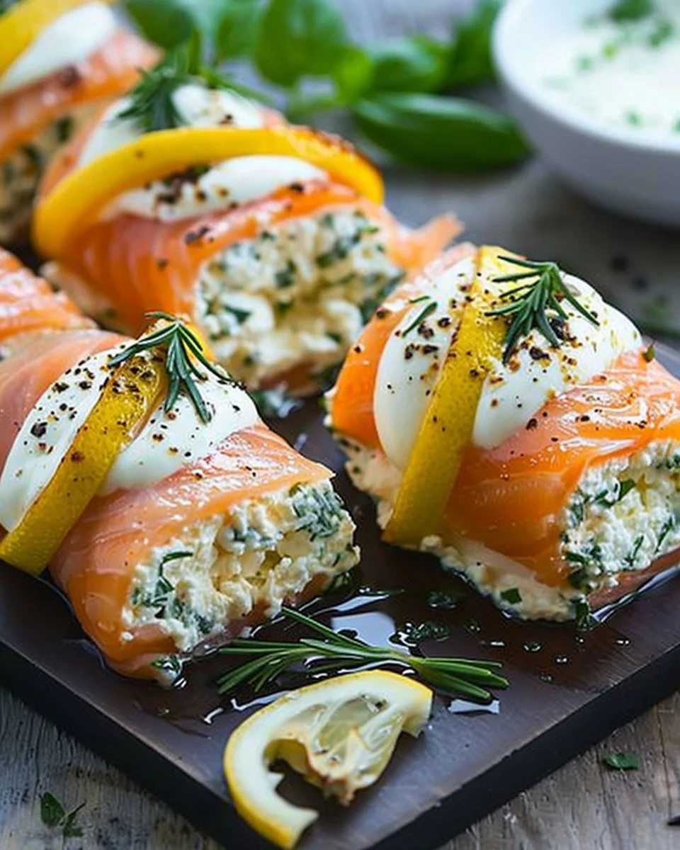 Salmon and ricotta rolls drizzled with lemon sauce on a plate