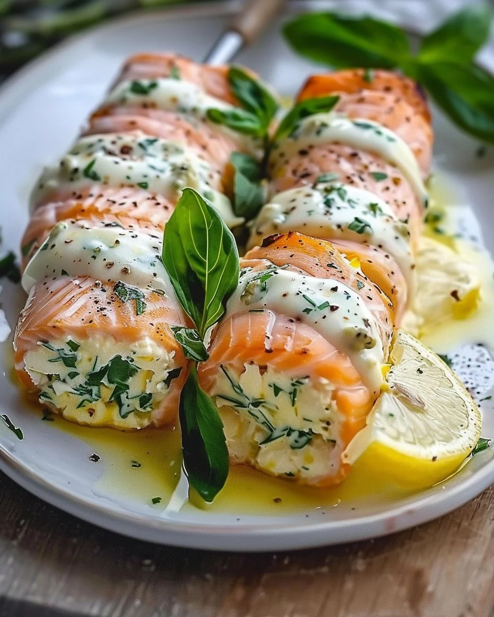 Salmon Ricotta Rolls with Lemon Sauce