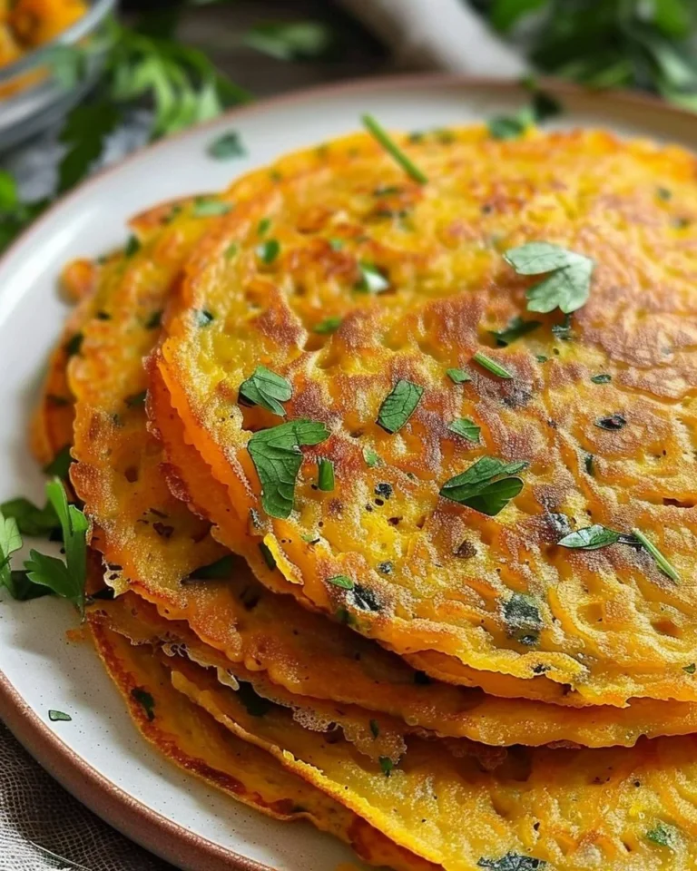 Savory red lentil pancakes served on a plate with herbs and spices.