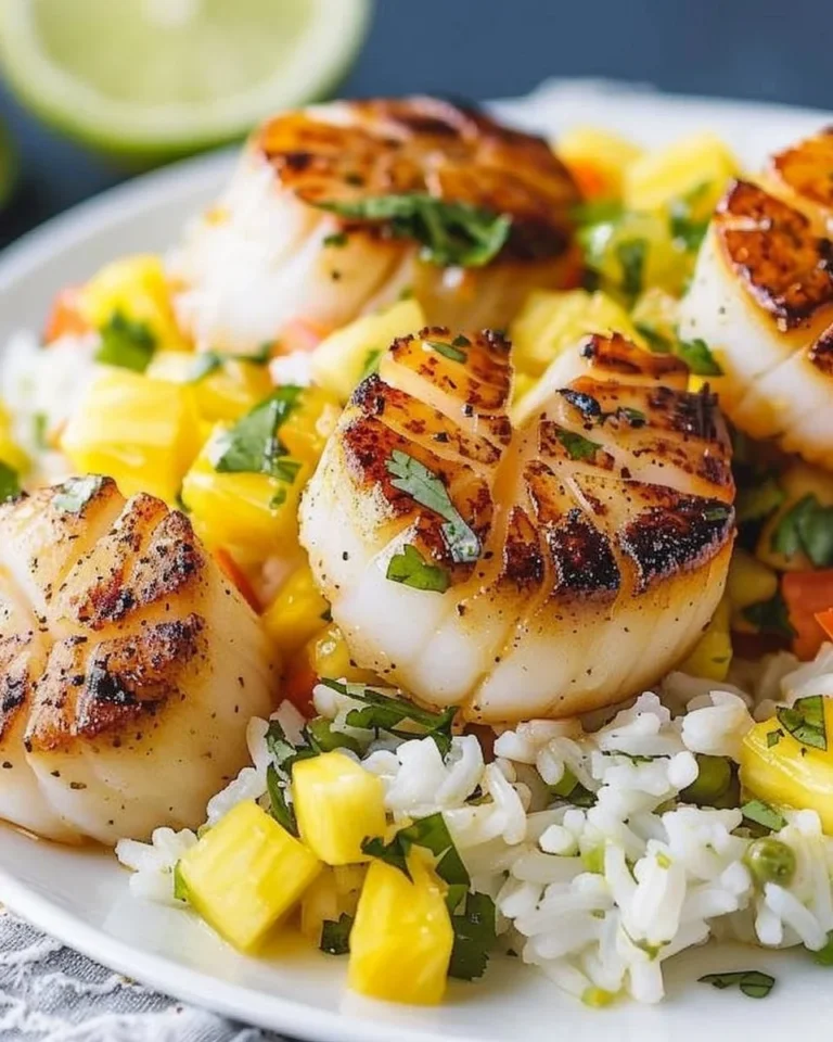 Seared scallops served with coconut rice and pineapple salsa on a plate.