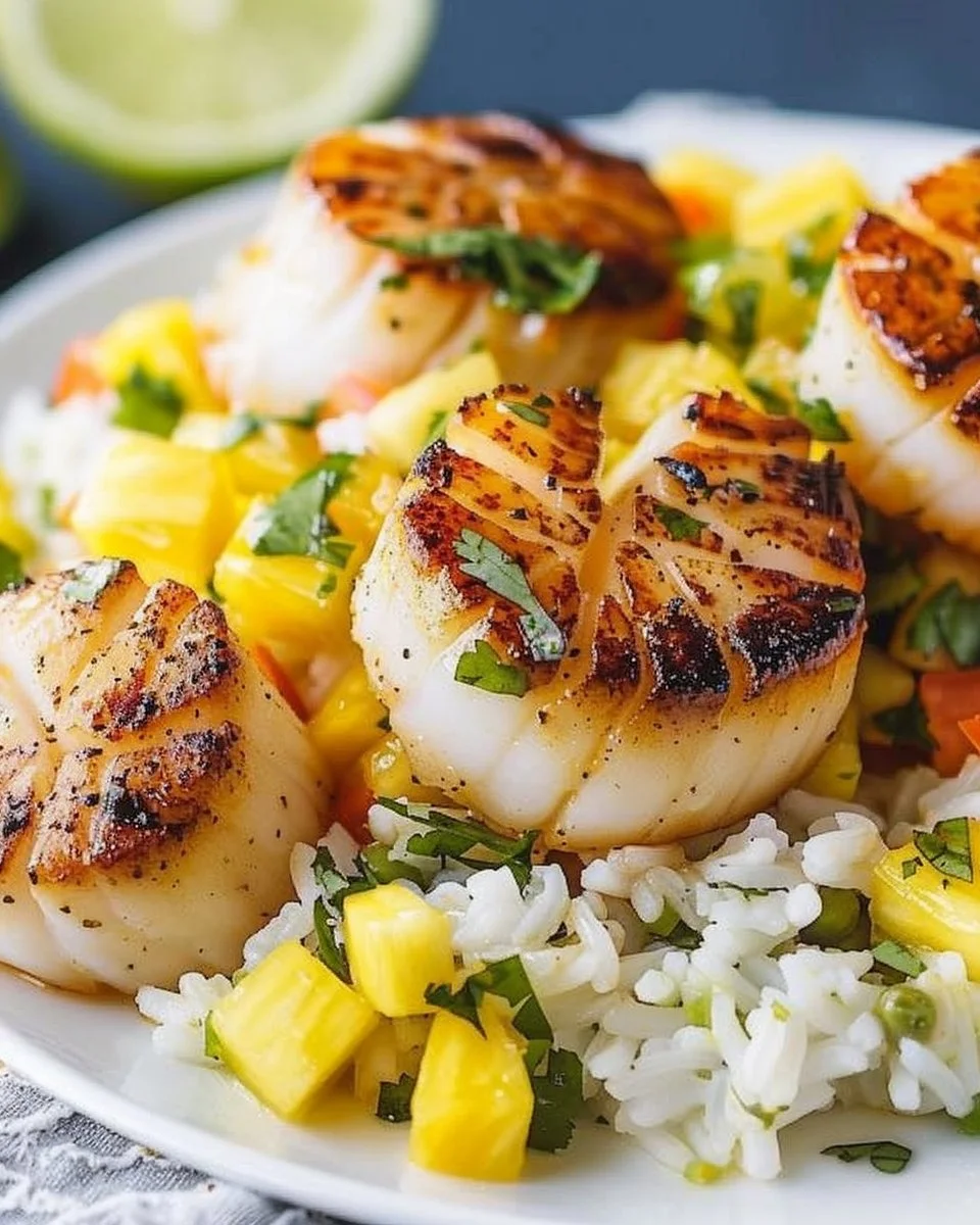 Seared scallops served with coconut rice and pineapple salsa on a plate.