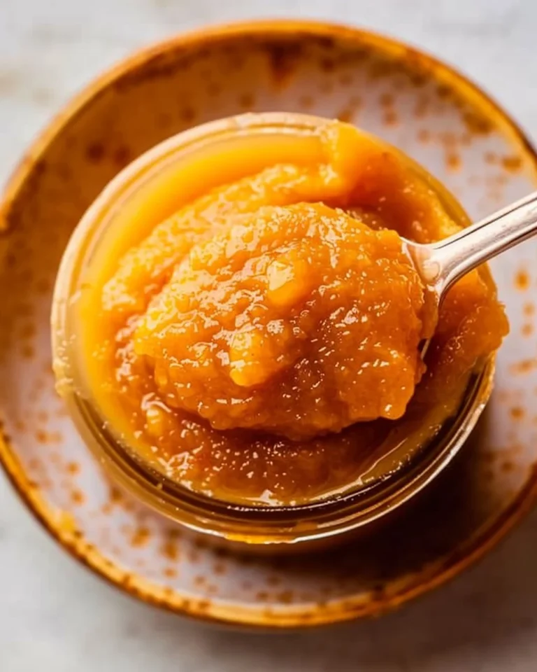 Jar of smooth peach butter with fresh peaches on a wooden table