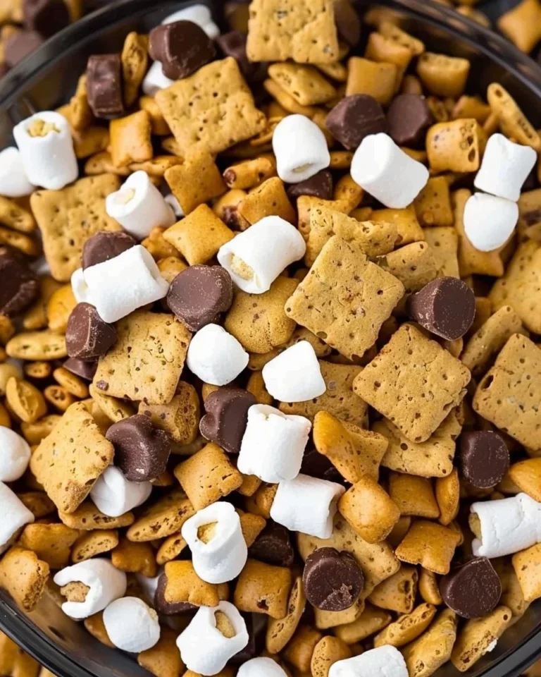 Bowl of S'mores Snack Mix featuring chocolate, marshmallows, and graham crackers.