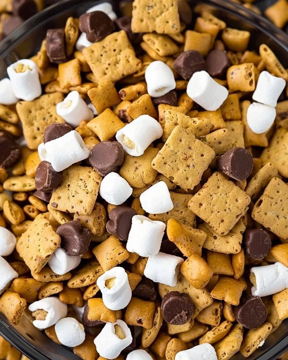 Bowl of S'mores Snack Mix featuring chocolate, marshmallows, and graham crackers.