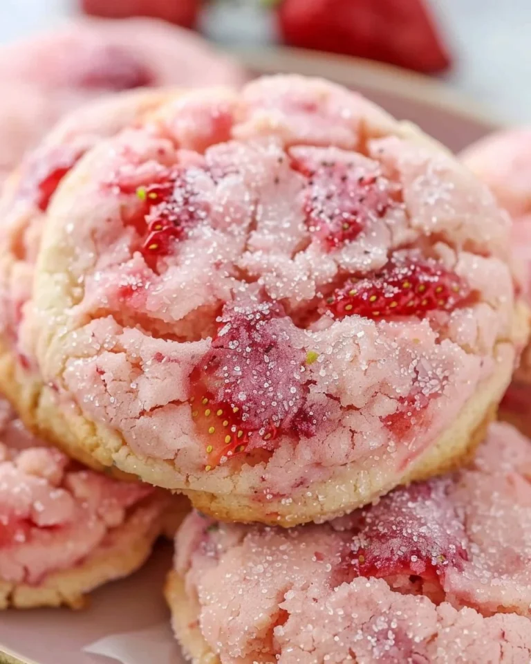 Soft strawberry sugar cookies on a baking tray ready to be enjoyed