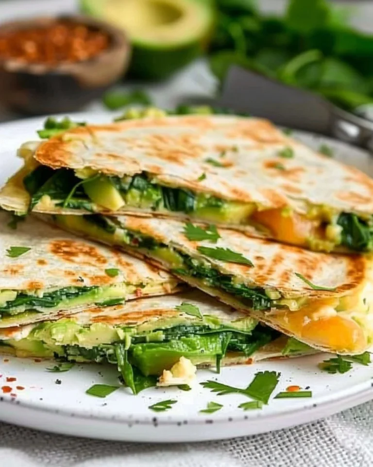 Spinach avocado breakfast quesadilla served on a plate with toppings.