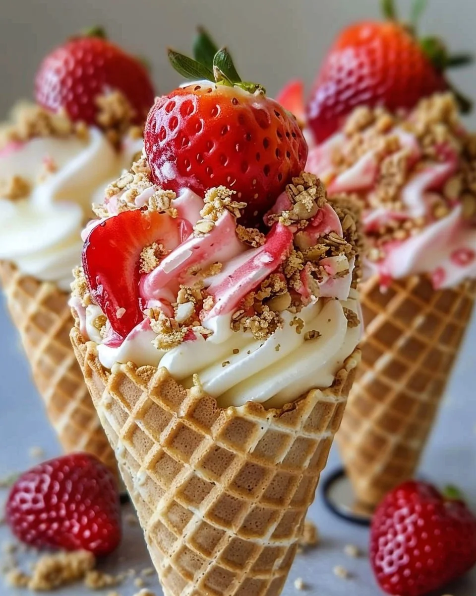 Strawberry Crunch Cheesecake Cones served in a waffle cone with fresh strawberries.