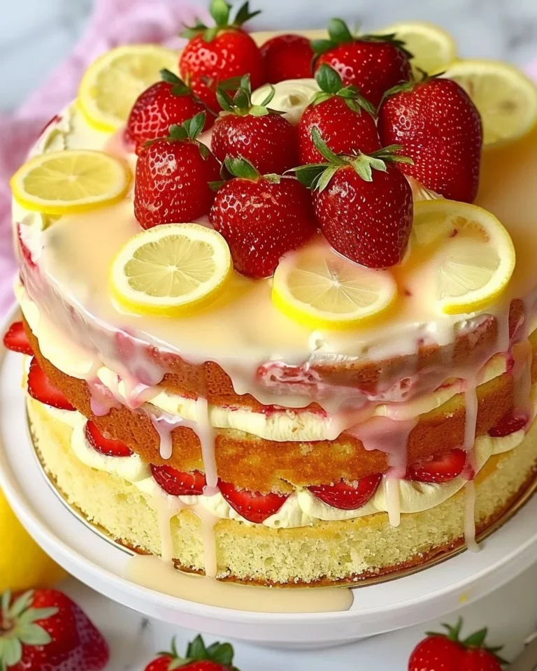 Strawberry Lemonade Buttermilk Cake topped with fresh strawberries and lemon zest.