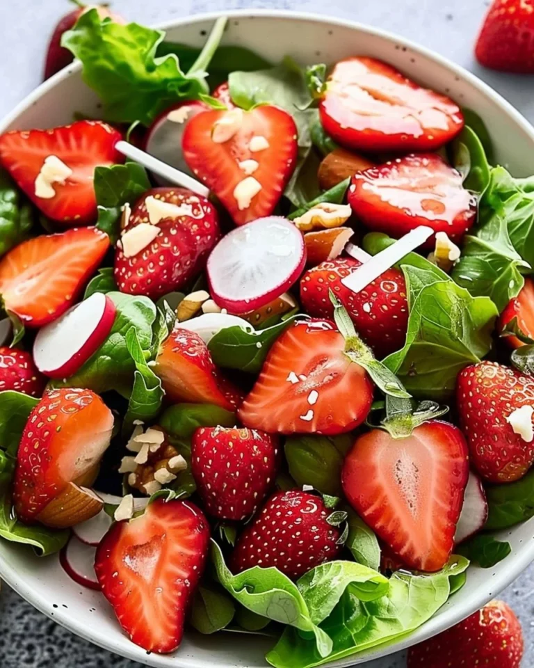 Fresh strawberry salad with greens and dressing in a bowl