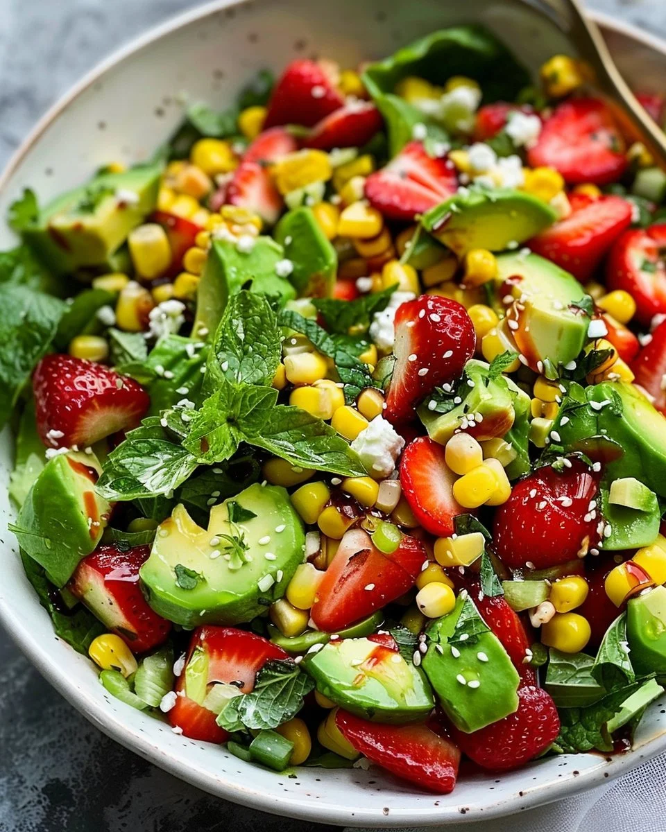 Colorful summer salad featuring corn, strawberries, and avocado.