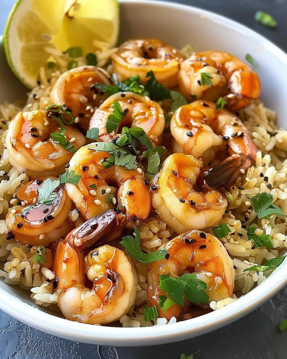 Delicious teriyaki shrimp rice bowl topped with green onions and sesame seeds
