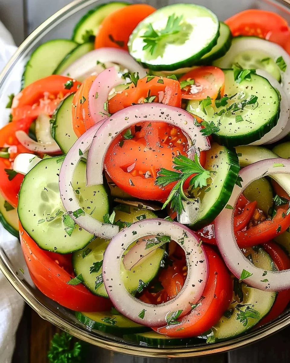 Fresh Tomato Cucumber Onion Salad in a bowl with herbs and dressing