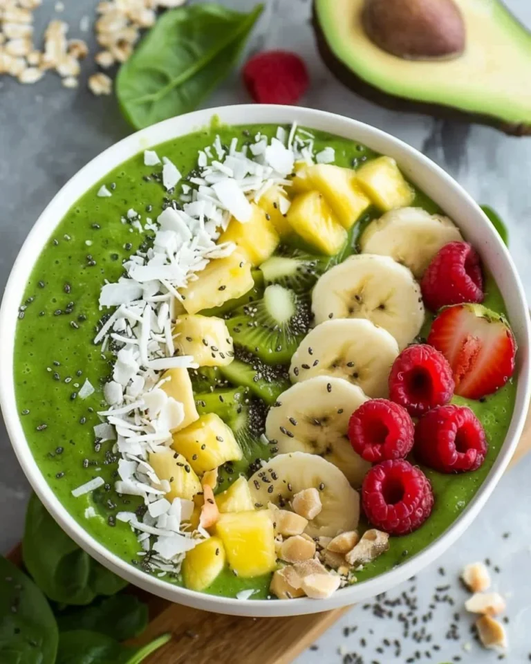Tropical green smoothie bowl topped with fruits and granola