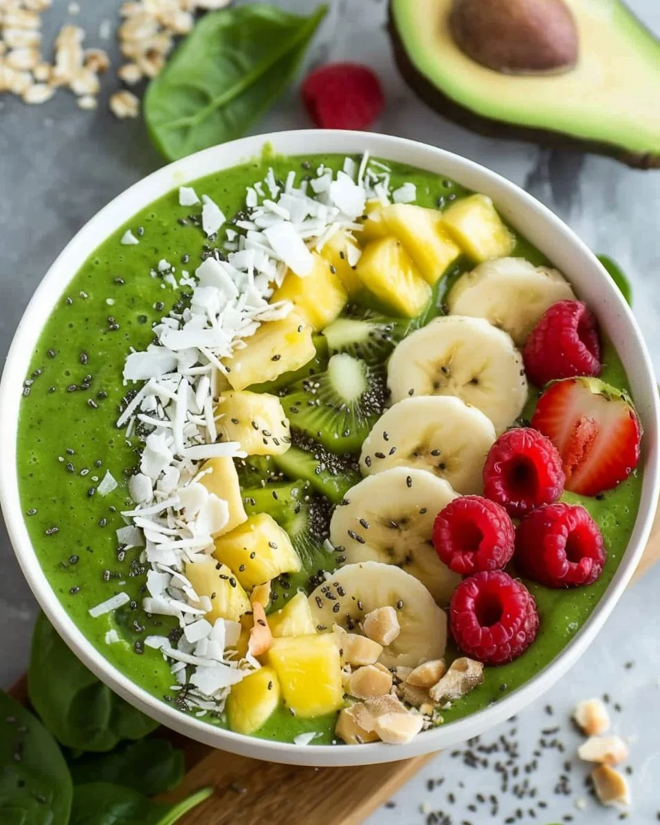 Tropical green smoothie bowl topped with fruits and granola
