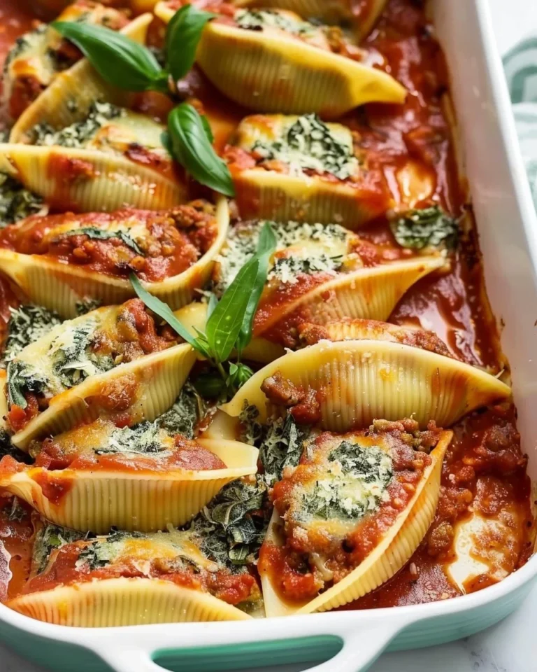Plate of vegan stuffed shells filled with creamy tofu and spinach