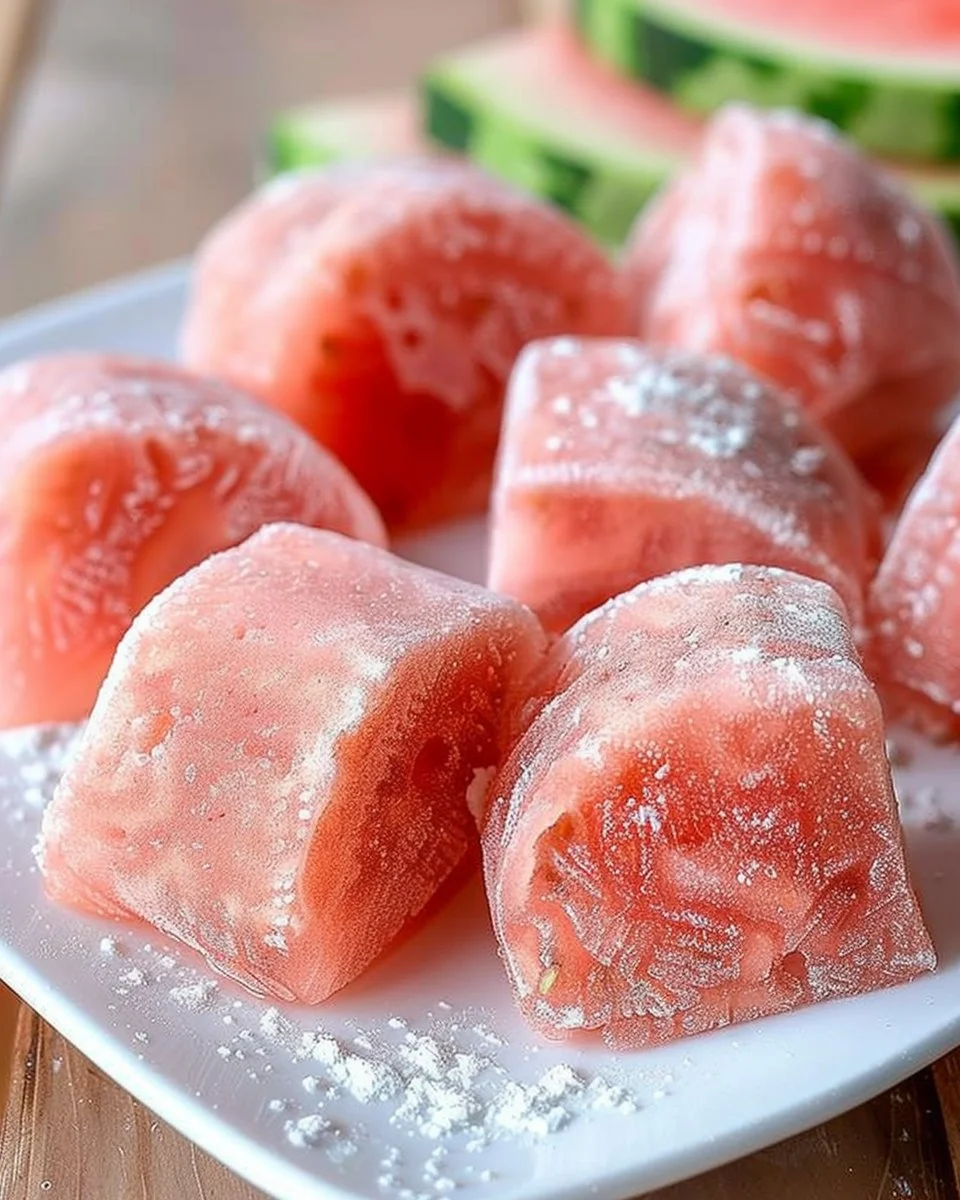 Delicious watermelon mochi dessert on a plate with fresh watermelon slices