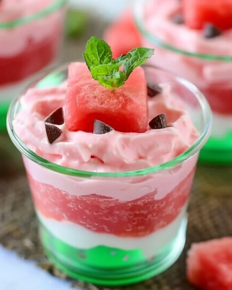 Delicious watermelon pudding cups garnished with mint leaves.