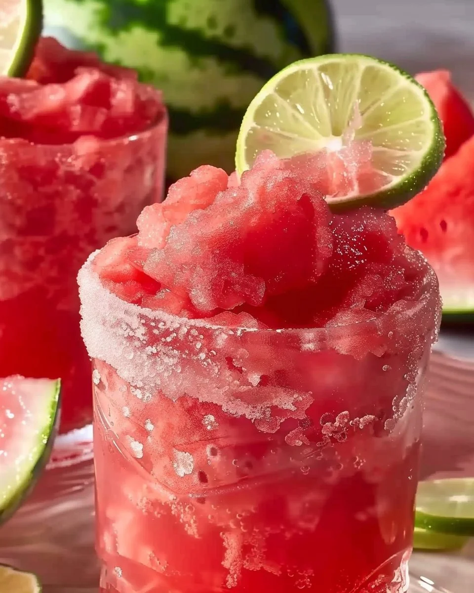 Delicious watermelon slushies in a glass with ice and mint leaves