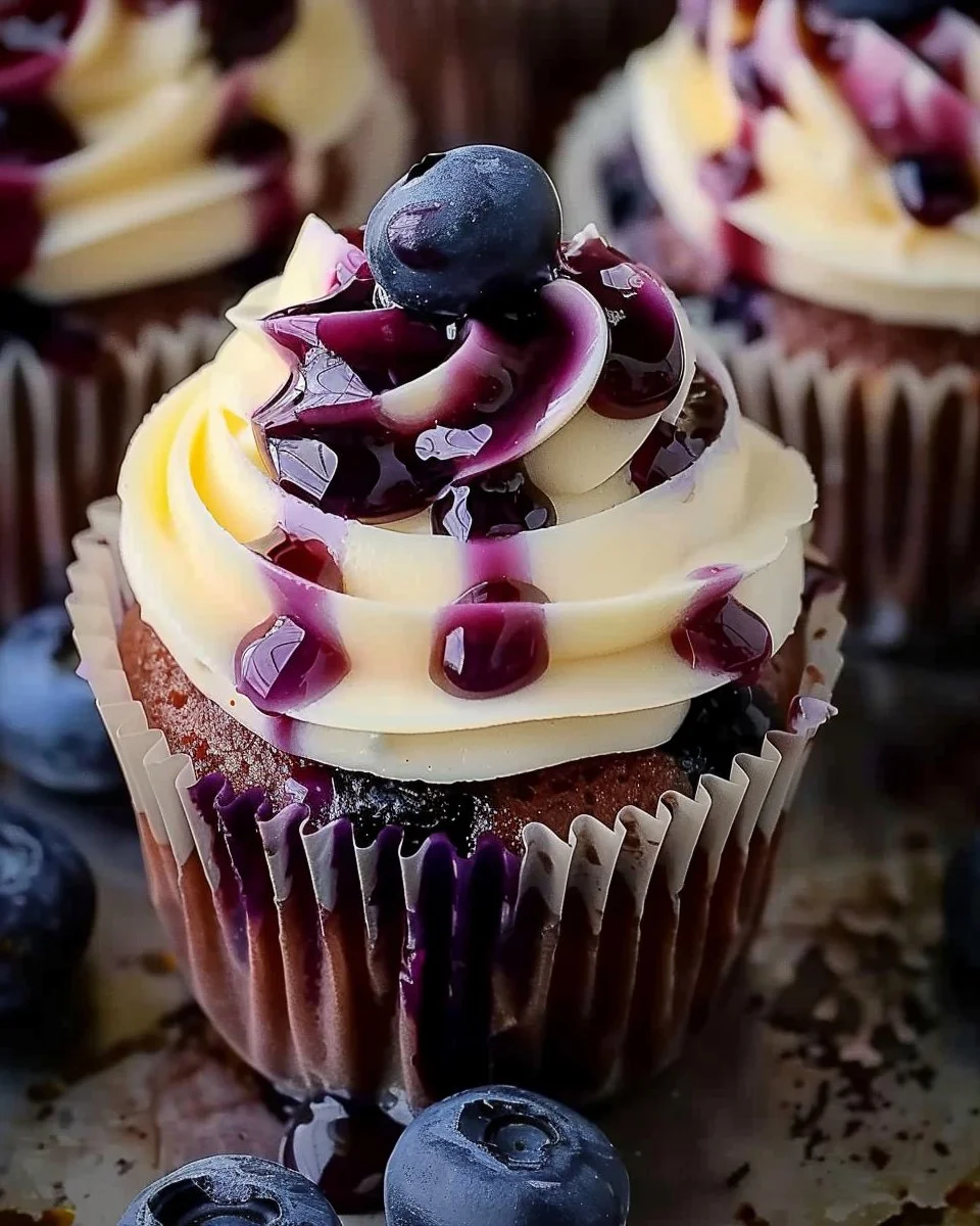 White Chocolate Blueberry Cheesecake Cupcakes displayed on a dessert table