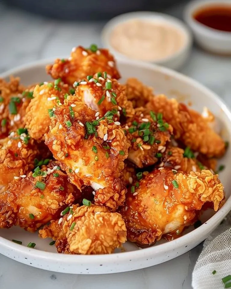 Crispy Air Fryer Bang Bang Chicken garnished and served on a plate