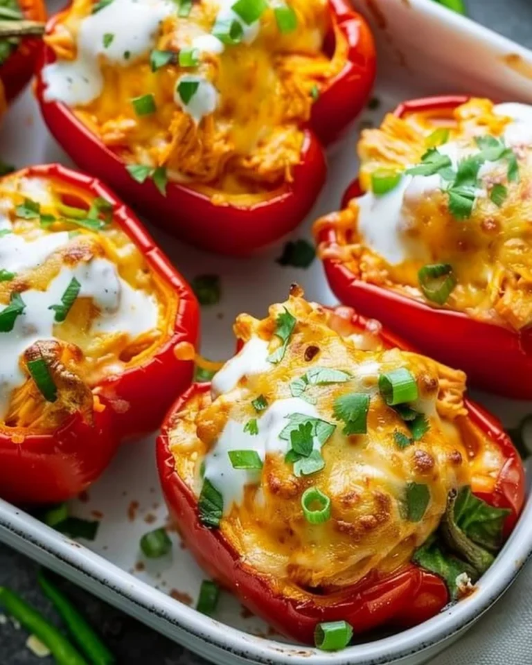 Dairy-free Buffalo Chicken Stuffed Peppers with fresh ingredients