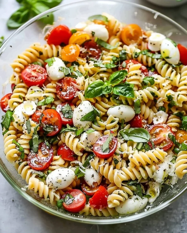 Delicious Caprese Pasta Salad with tomatoes, mozzarella, and basil