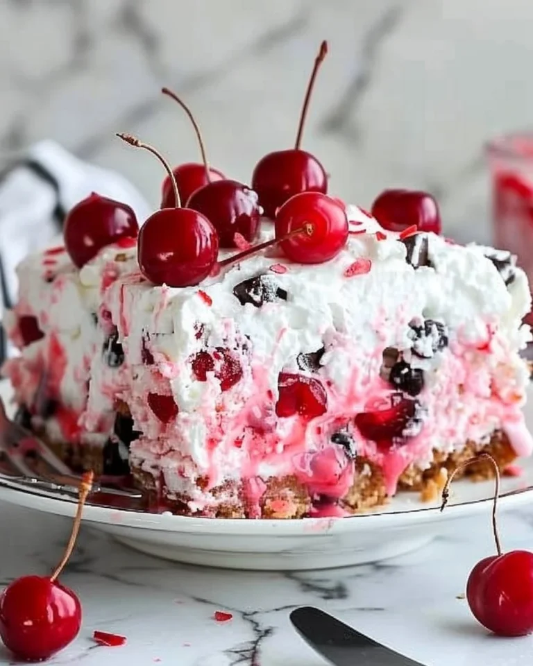 Delicious Cherry Chip Poke Cake topped with cherry drizzle and whipped cream