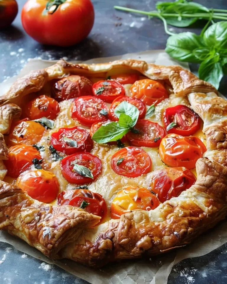 Delicious cherry tomato and cheese galette freshly baked and presented on a plate.