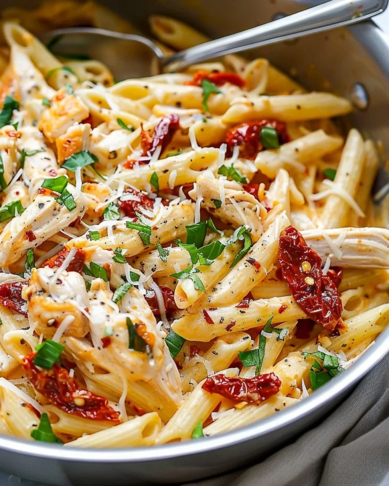 Chicken pasta with sun-dried tomatoes and mozzarella sauce served in a bowl