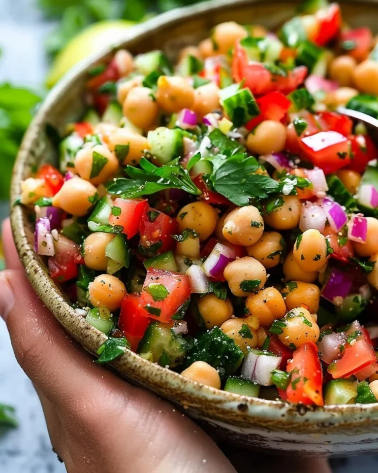 Colorful chickpea salad with fresh vegetables and herbs in a bowl