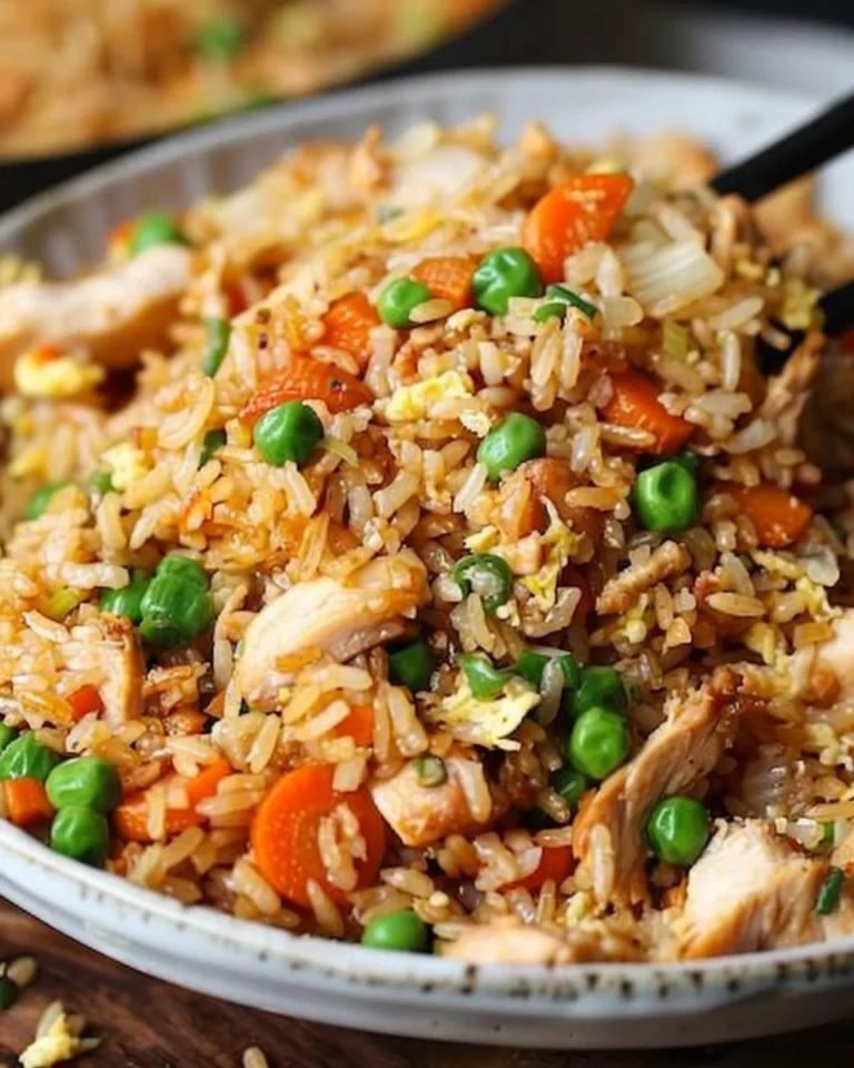Plate of Chinese Chicken Fried Rice garnished with vegetables and herbs