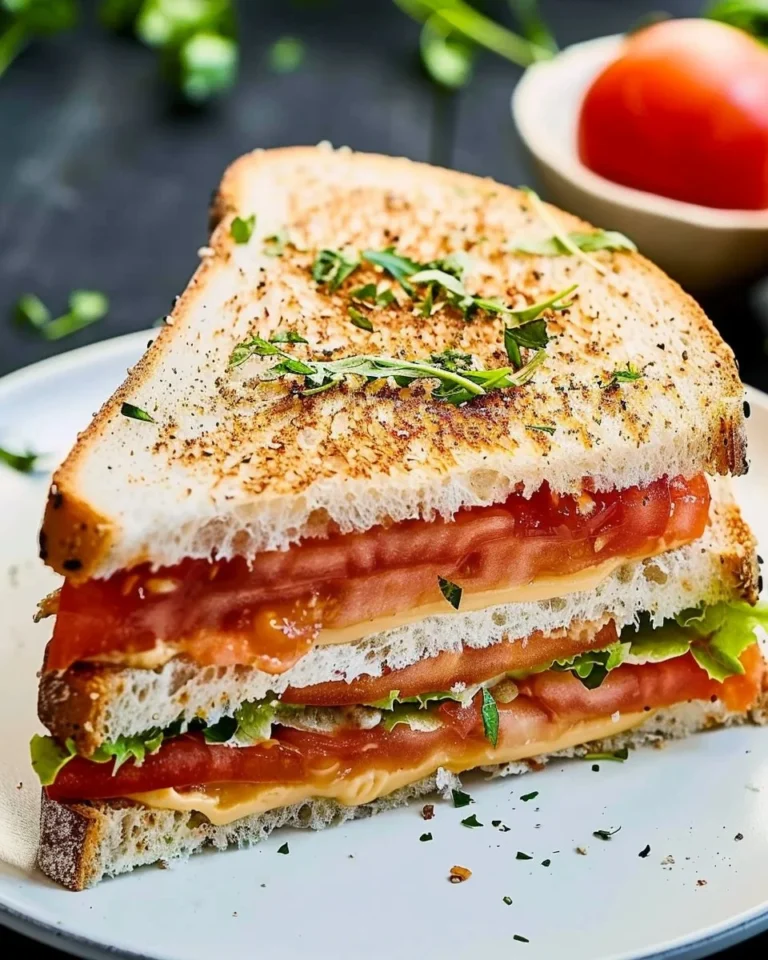 Delicious classic tomato sandwich made with fresh tomatoes and artisan bread