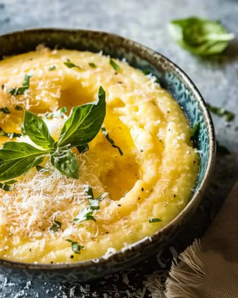 Bowl of creamy Parmesan polenta topped with herbs and cheese