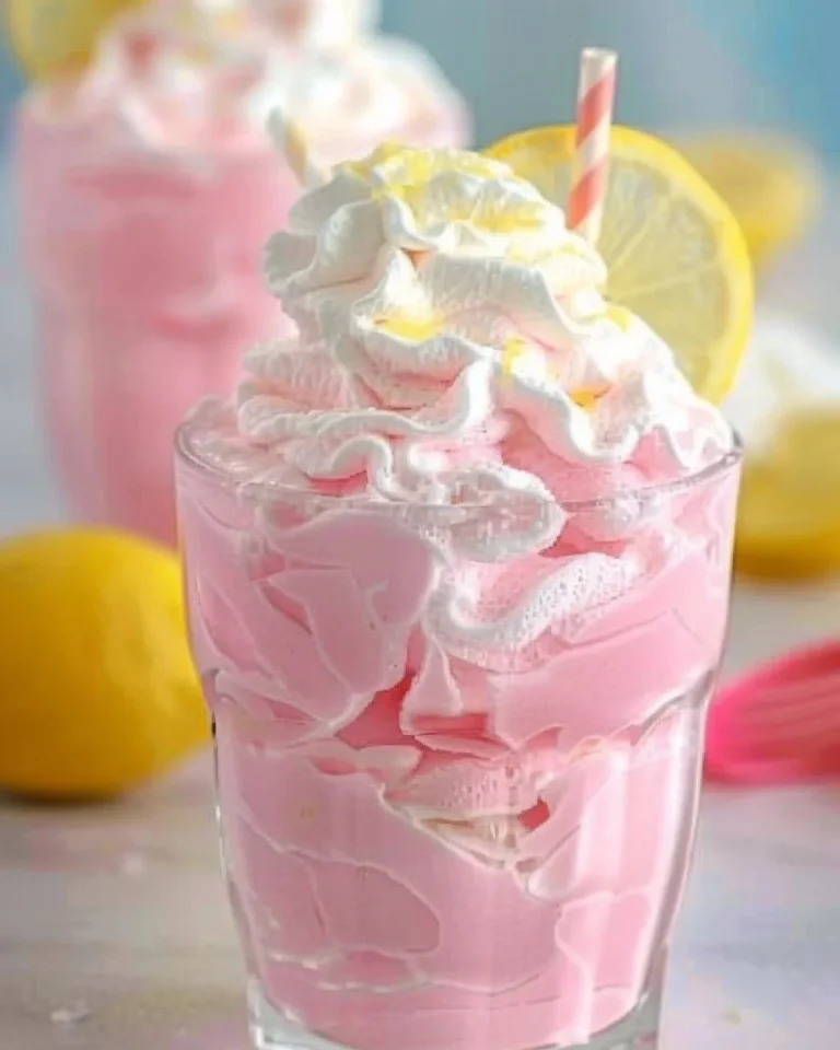 Creamy pink lemonade in a glass with a slice of lemon and pink straws