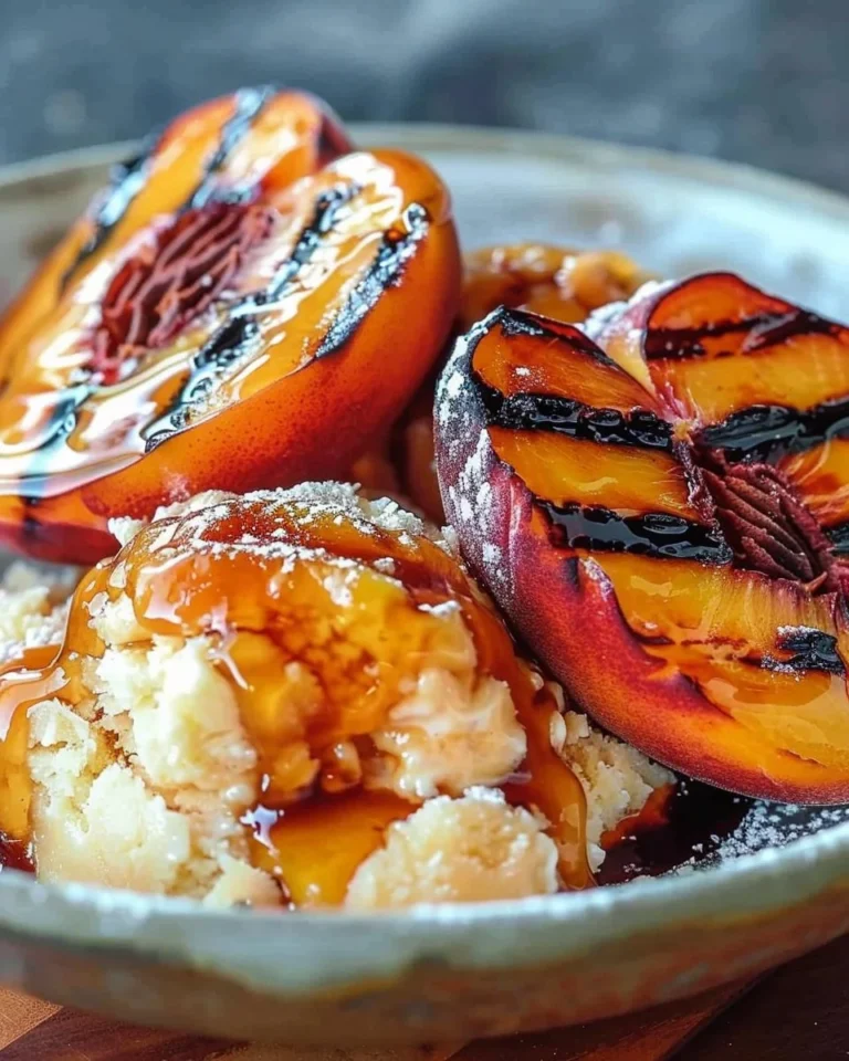 Delicious grilled peach dessert topped with vanilla ice cream