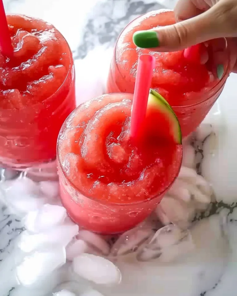 Refreshing easy watermelon slushies served in glasses with colorful straws