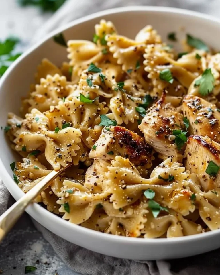 Delicious Garlic Butter Chicken served with Bowtie Pasta on a plate