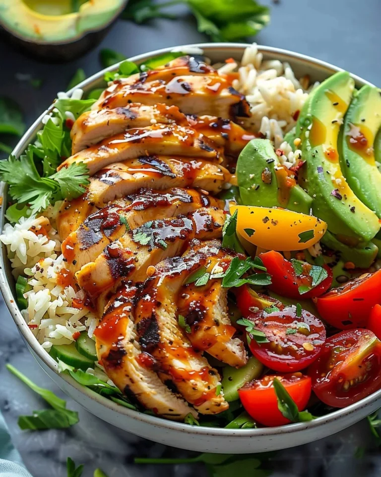 Grilled chicken and avocado salad bowl, healthy and delicious meal option.