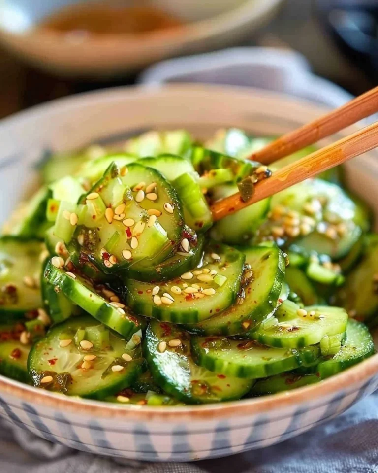 Bowl of Korean cucumber salad garnished with sesame seeds and chili flakes