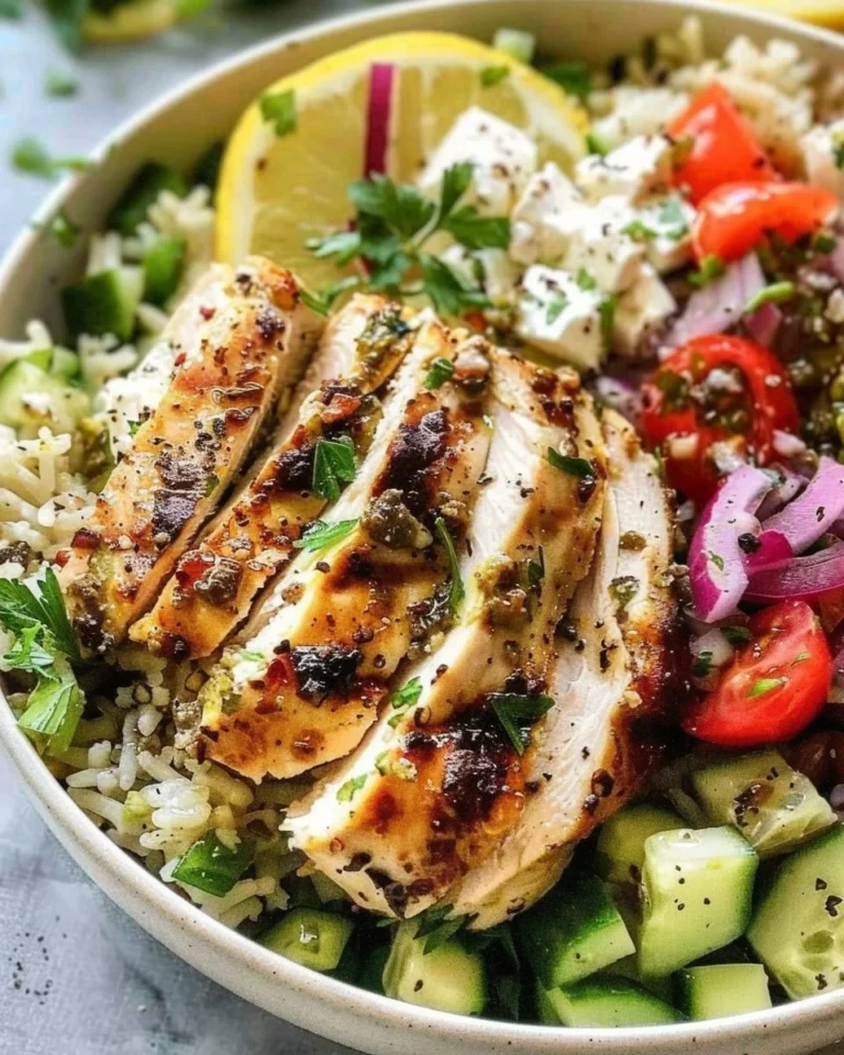 Lemon-Herb Greek Chicken Bowls loaded with fresh vegetables and grilled chicken.