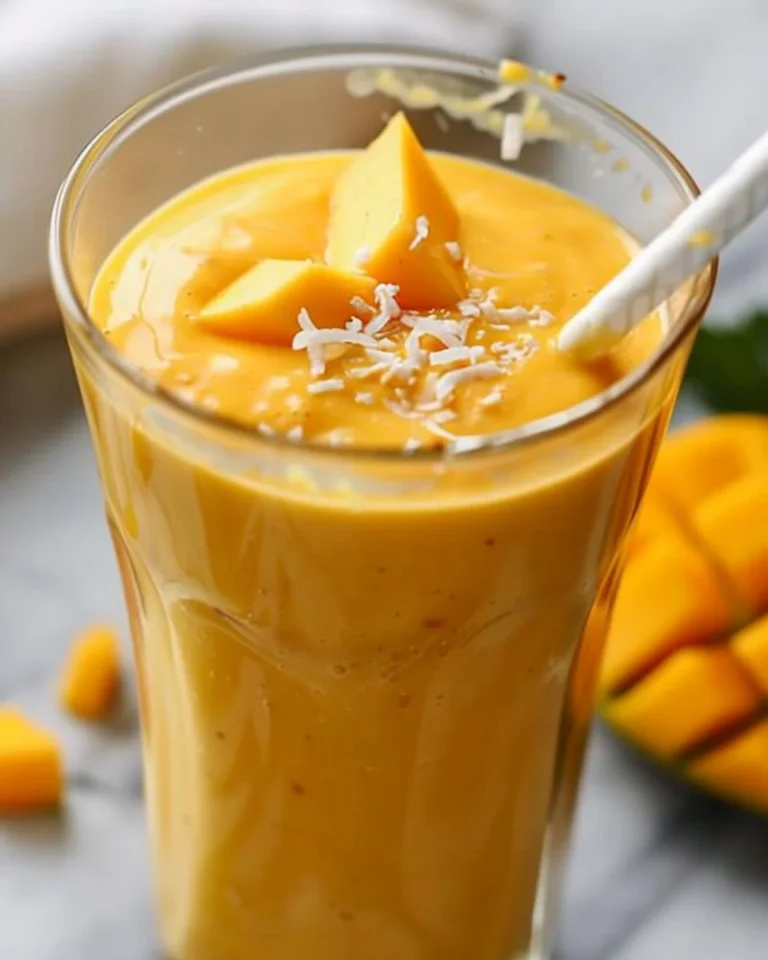 Delicious Mango Coconut Milk Smoothie served in a glass with fresh fruit.