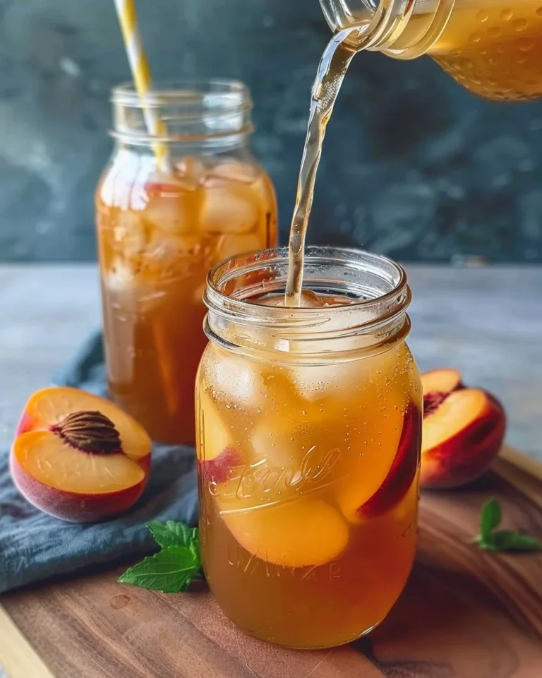 A glass of refreshing homemade Peach Iced Tea with fresh peach slices
